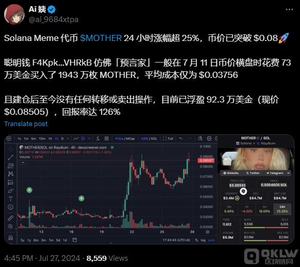 Solana模因代幣$MOTHER 24小時內飆升25%，投資 圖片